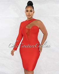 *Erica Red Single Shoulder Design Bandage Dress