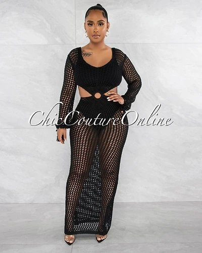 *Rhonda Black "O" Ring Crochet Cut-Out Cover-Up Maxi Dress