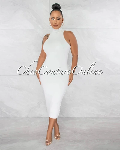*Nassia Off-White Mock Neckline Double Lined Midi Dress