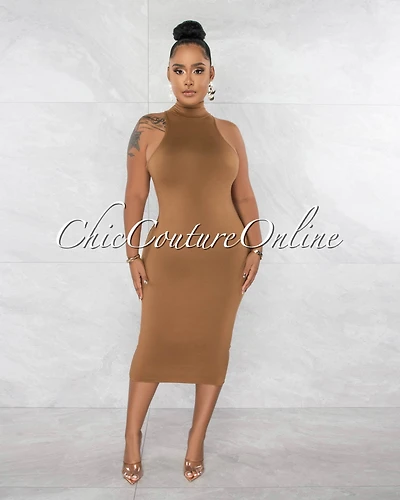 *Nassia Mocha Mock Neckline Double Lined Midi Dress