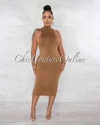 *Nassia Mocha Mock Neckline Double Lined Midi Dress