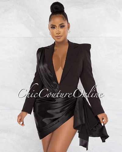 *Vilina Black Silky Draped Overlay Bodysuit Dress