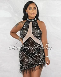*Belita Black Rhinestones Pearls & Feathers Mesh Mini Dress