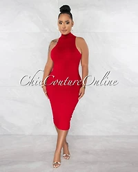 *Nassia Red Mock Neckline Double Lined Midi Dress