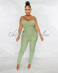 *Mikela Sage Mesh Sheer Ruched Lace-Up Sides Jumpsuit