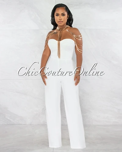 *Gladwin Off-White Gold Collar Accent Strapless Jumpsuit