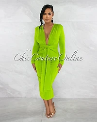 *Inez Green Deep V Neckline Draped Midi Dress