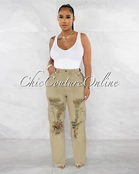 *Reiko Olive Green Cargo Mom Distressed Jeans