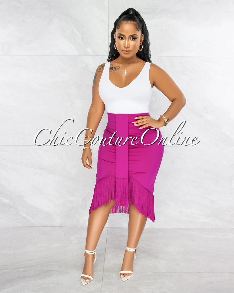 Peleka Fuchsia Drape Fringe Hem Midi Skirt