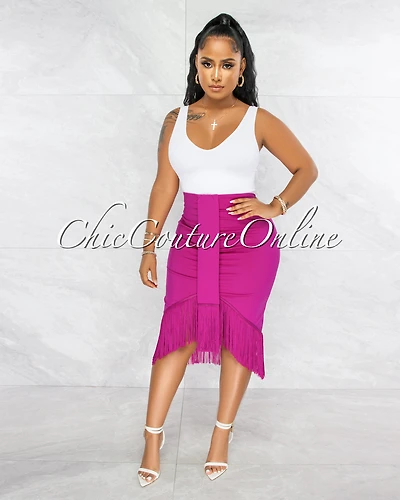 Peleka Fuchsia Drape Fringe Hem Midi Skirt
