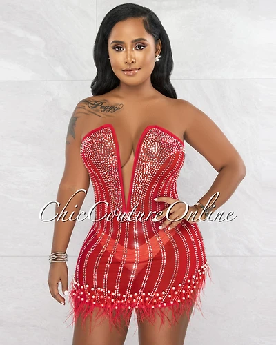 *Sebastian Red Rhinestones Pearls & Feathers Mesh Sheer Mini Dress