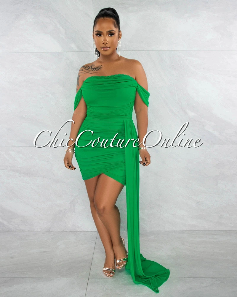 *Cammy Green Ruched Mesh Off-The Shoulders Train Dress