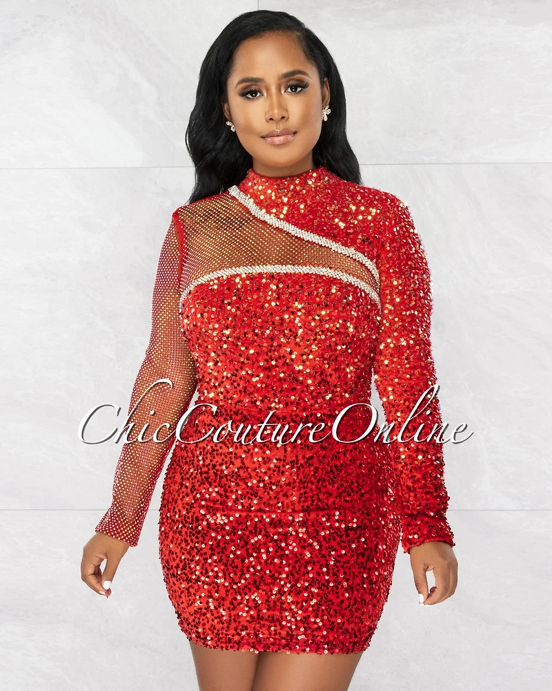 *Everleigh Red Net Rhinestones Iridescent Sequins Mini Dress