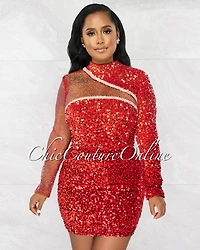 *Everleigh Red Net Rhinestones Iridescent Sequins Mini Dress