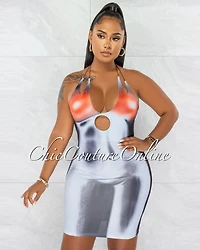 *Lydia Black Grey Orange Print Bust Key-Hole Dress
