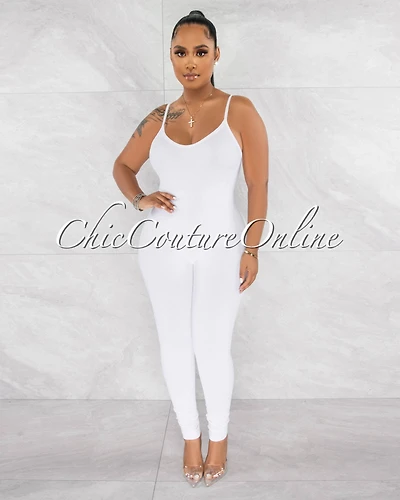 Petal White Ribbed BodyCon Jumpsuit