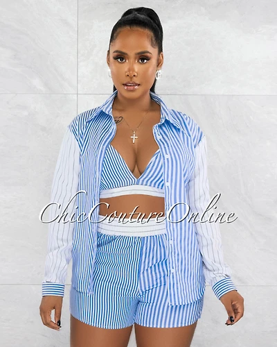 *Jerrie White Blue Stripes Crop Top / Shirt & Shorts 3 Piece Set