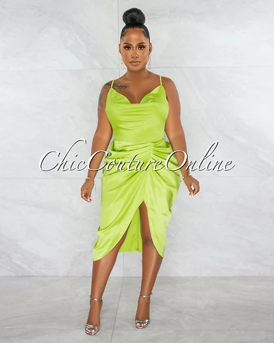 *Gregoria Lime Green Draped Slit Silky Midi Dress