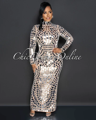 Ariel Nude Geometric Mirror Pieces Maxi Gown