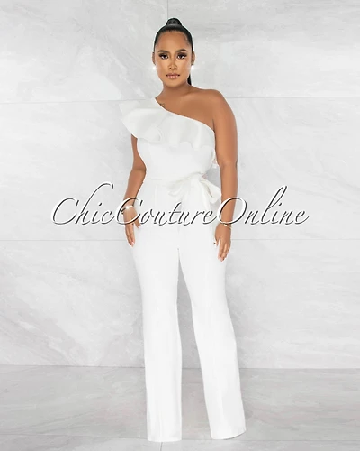 Sabine Off-White Sigle Shoulder Ruffle Details Denim Jumpsuit