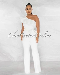 Sabine Off-White Sigle Shoulder Ruffle Details Denim Jumpsuit