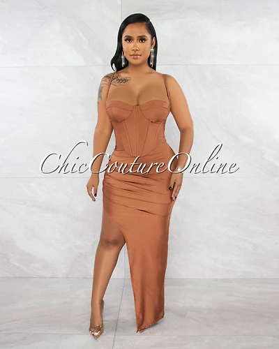 *Pascasia Brown Corset Top & Draped Slit Maxi Skirt Set