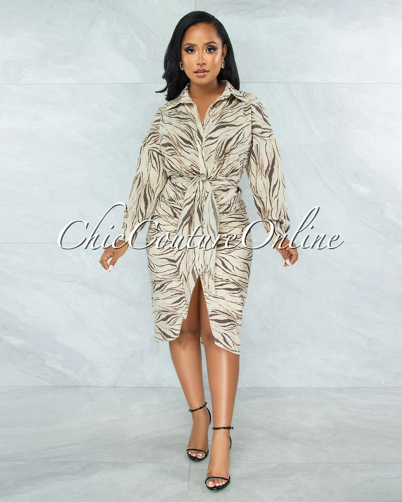 *Olwen Nude Taupe Print Draped Front Tie Shirt Dress