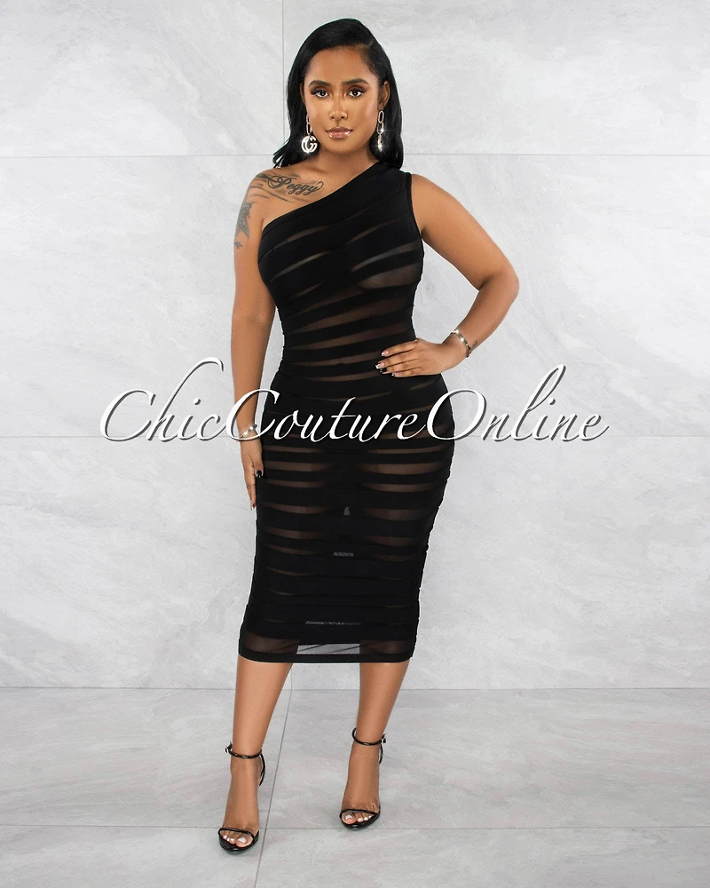 *Raimy Black Mesh Accent Stripes Bandage Midi Dress