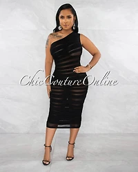 *Raimy Black Mesh Accent Stripes Bandage Midi Dress