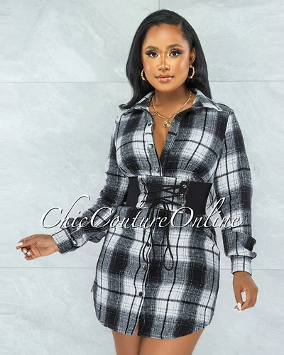*Curtis Black White Plaid Lace-Up Bandage Belt Shirt Dress