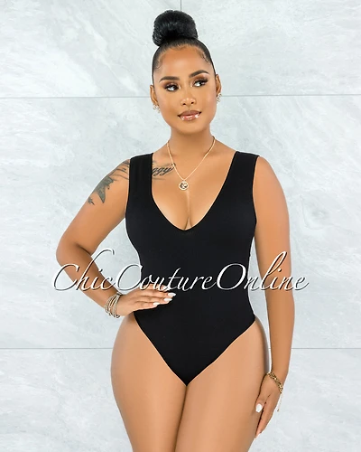 Inaya Black V-Back Ribbed Body-Con Bodysuit