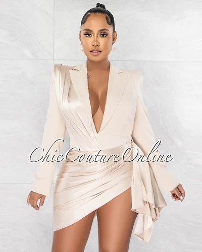 *Vilina Nude Silky Draped Overlay Bodysuit Dress