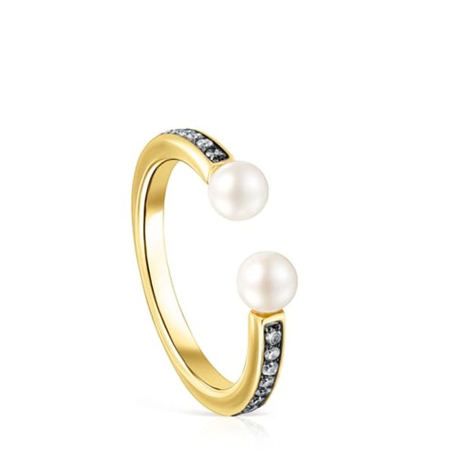 TOUS Nocturne Ring Silver Vermeil with Diamonds and 4-4,5cm Pearls