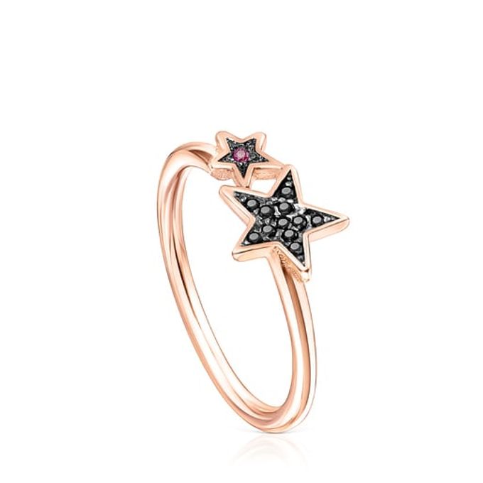 Rose Silver Vermeil Teddy Bear Stars Ring with Spinel and Ruby