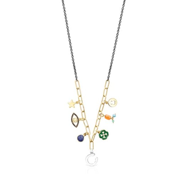 Silver Vermeil and Dark Silver TOUS Good Vibes charms Necklace with Gemstones