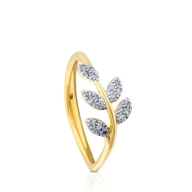 Gold Gem Power Ring with Diamonds Leaf motif
