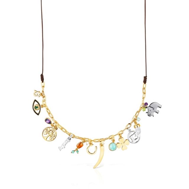 Silver Vermeil TOUS Good Vibes Necklace with Gemstones and brown Cord