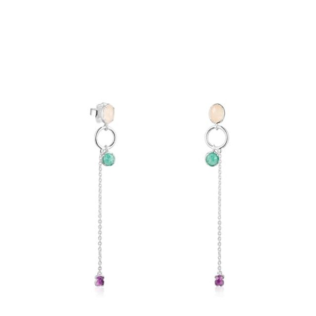 Long Silver and Gemstones Cool Color Earrings