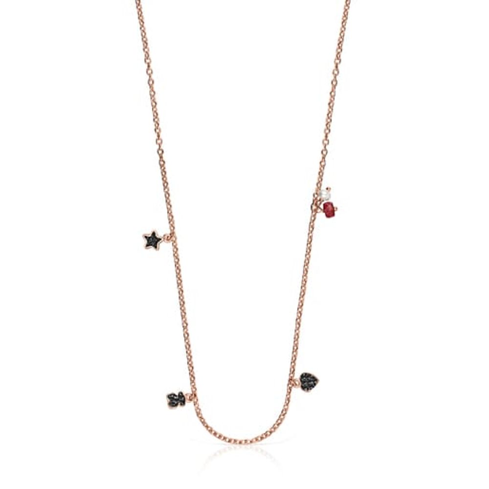 Motif Necklace in Rose Silver Vermeil with Spinels, Ruby and Pearl