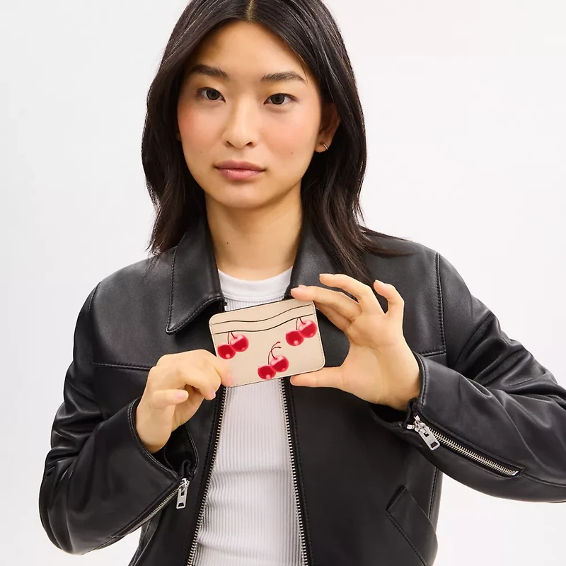 Wavy Card Case Regenerative Leather With Cherry Print