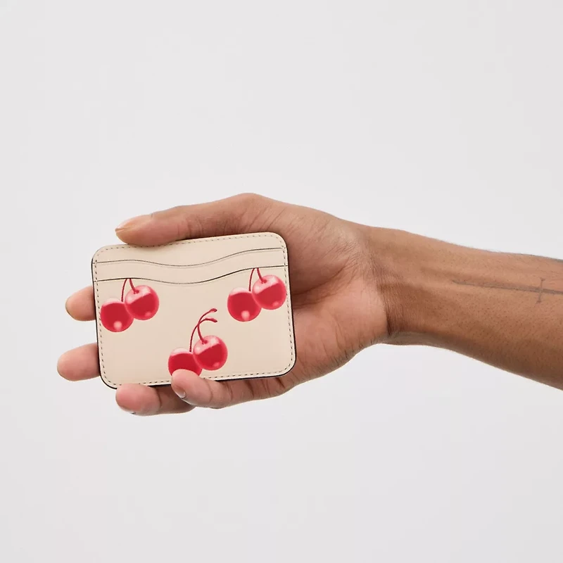 Wavy Card Case In Regenerative Leather With Cherry Print