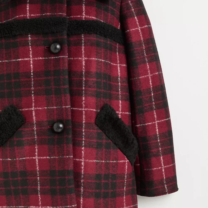 Restored Plaid Wool Coat With Shearling Trim