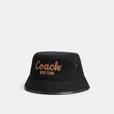 Coach Script Embroidered Denim Bucket Hat