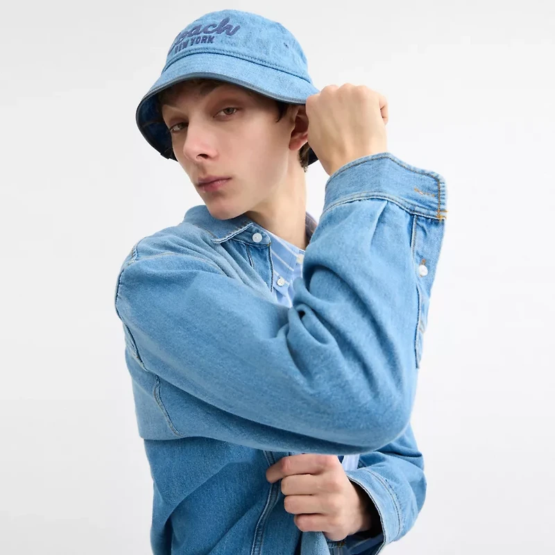 Coach Script Embroidered Denim Bucket Hat
