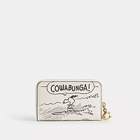 Coach X Peanuts Small Zip Around Card Case With Newspaper Print