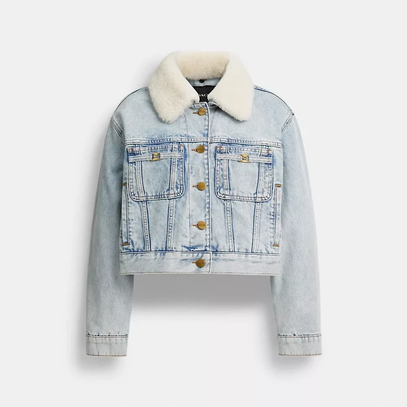 Cropped Heritage C Denim Trucker Jacket Organic Cotton With Shearling Collar