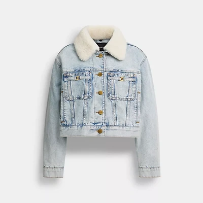Cropped Heritage C Denim Trucker Jacket Organic Cotton With Shearling Collar