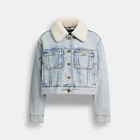 Cropped Heritage C Denim Trucker Jacket Organic Cotton With Shearling Collar