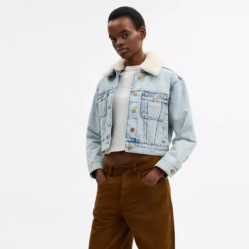 Cropped Heritage C Denim Trucker Jacket Organic Cotton With Shearling Collar