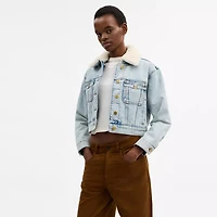 Cropped Heritage C Denim Trucker Jacket Organic Cotton With Shearling Collar